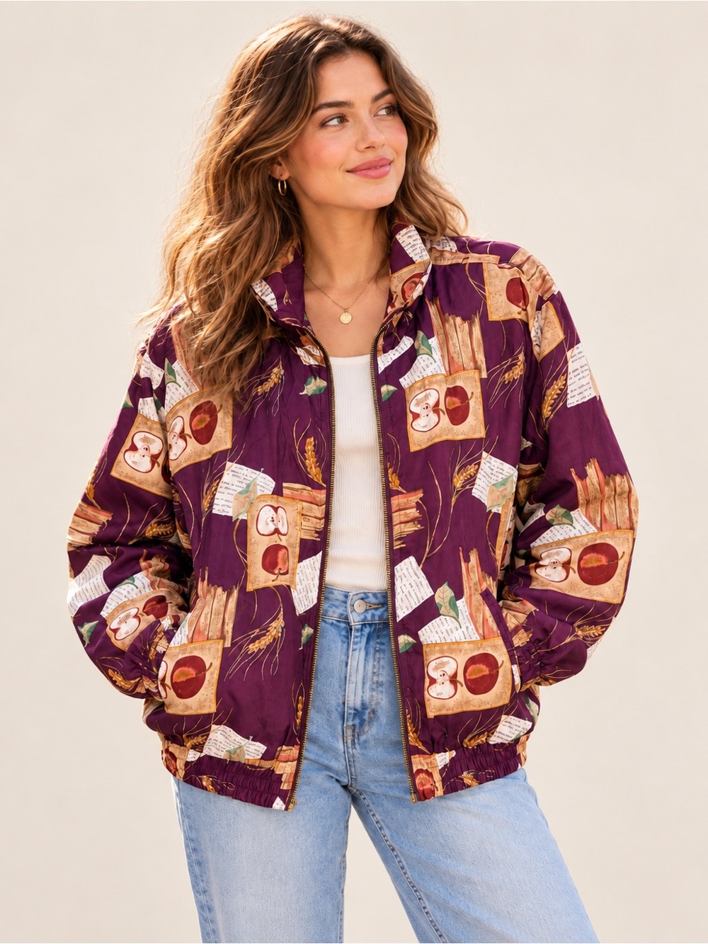 NWT Vintage 80s 90s Out Brook Silk Bomber Jacket M Apple Book Novelty Print